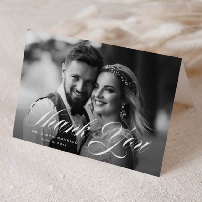 Elegant Script Wedding Photo Thank You Card (Elegant script folded photo wedding thank you cards.)