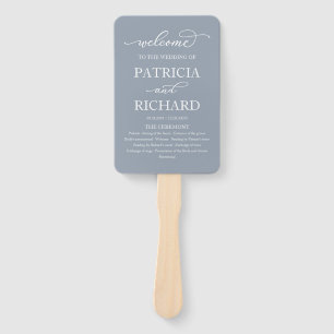 Elegant Script Wedding Program Dusty Blue Hand Fan