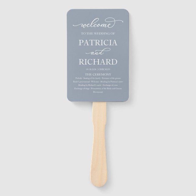 Elegant Script Wedding Program Dusty Blue Hand Fan (Front)