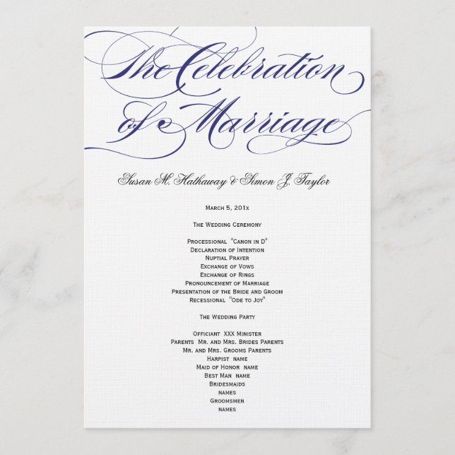 Elegant Script  Wedding Program - Navy (Front)