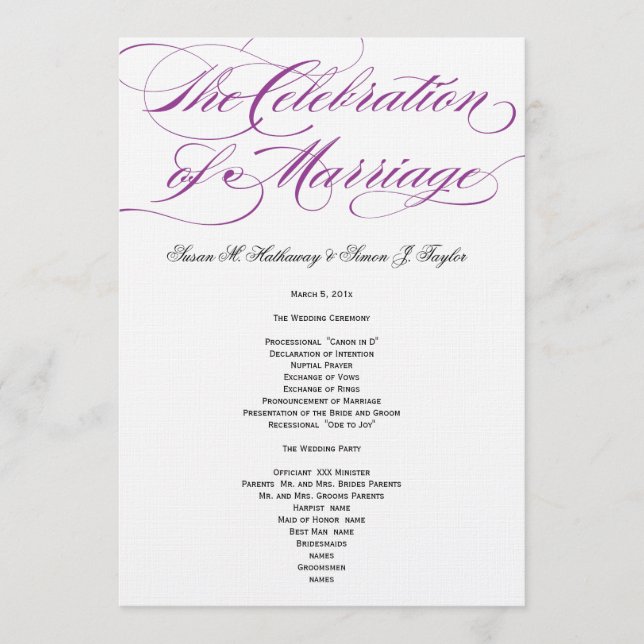 Elegant Script  Wedding Program - Purple (Front)