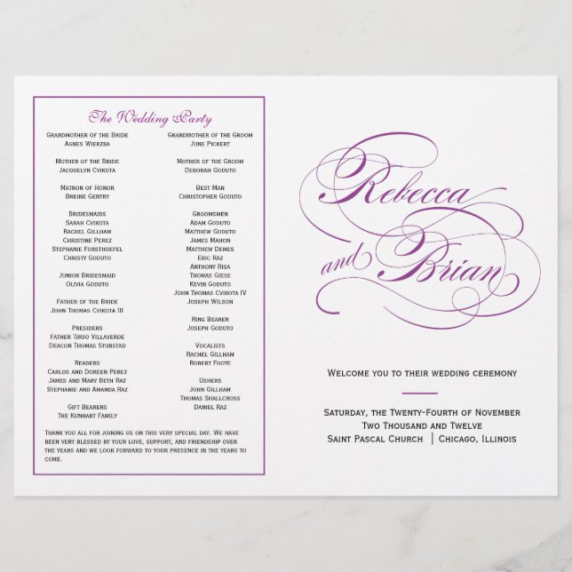 Elegant Script Wedding Program - Purple (Front)
