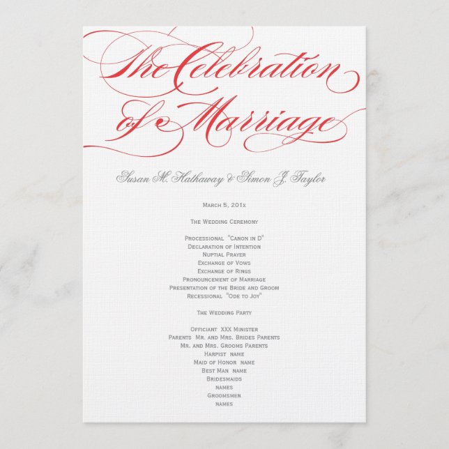 Elegant Script  Wedding Program - Red (Front)