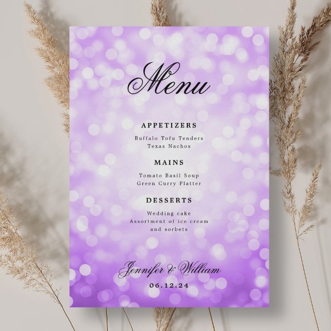 Elegant Script Wedding Purple Bokeh Lights  Menu (Elegant Script Wedding Purple Bokeh Lights Menu)