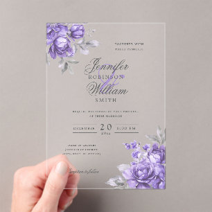 Elegant Script Wedding Purple Rustic Floral Acrylic Invitations