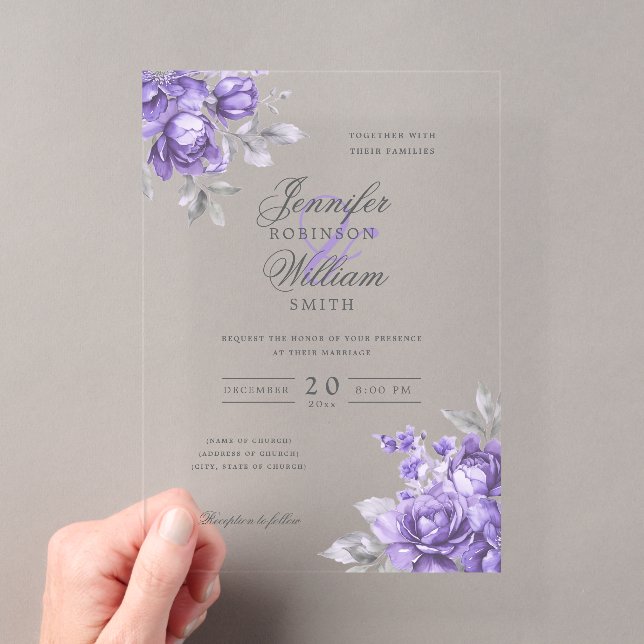 Elegant Script Wedding Purple Rustic Floral  Acrylic Invitations (Insitu (Handheld))