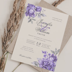 Elegant Script Wedding Purple Rustic Floral  Invitation