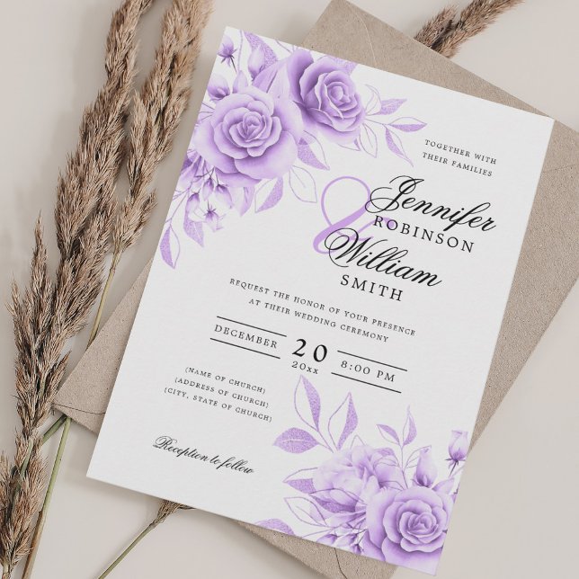 Elegant Script Wedding Purple Watercolor Floral  Invitation (Elegant Script Wedding Purple Watercolor Floral Invitation)
