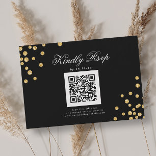 Elegant Script Wedding QR RSVP Gold Blac Confetti  Card