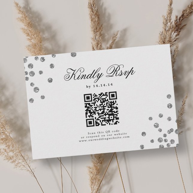 Elegant Script Wedding QR RSVP Silver Confetti  Card (Elegant Script Wedding QR RSVP Silver Confetti )
