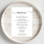 Elegant Script Wedding Reception Menu<br><div class="desc">Elegant wedding reception dinner menu with "menu" in a chic calligraphy script with swashes,  your customized menu in simple typography,  your first names joined by a heart and your reception date.</div>