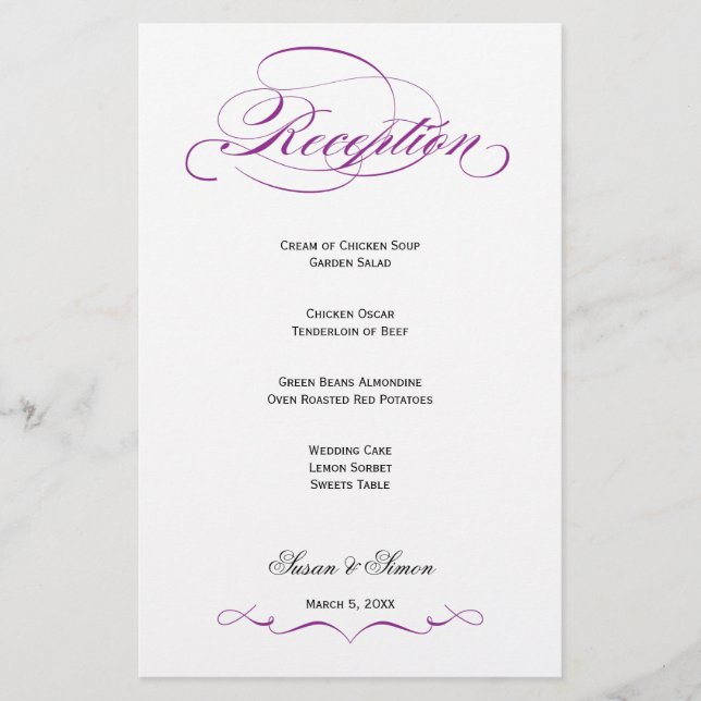 Elegant Script Wedding Reception Menu - Purple (Front)