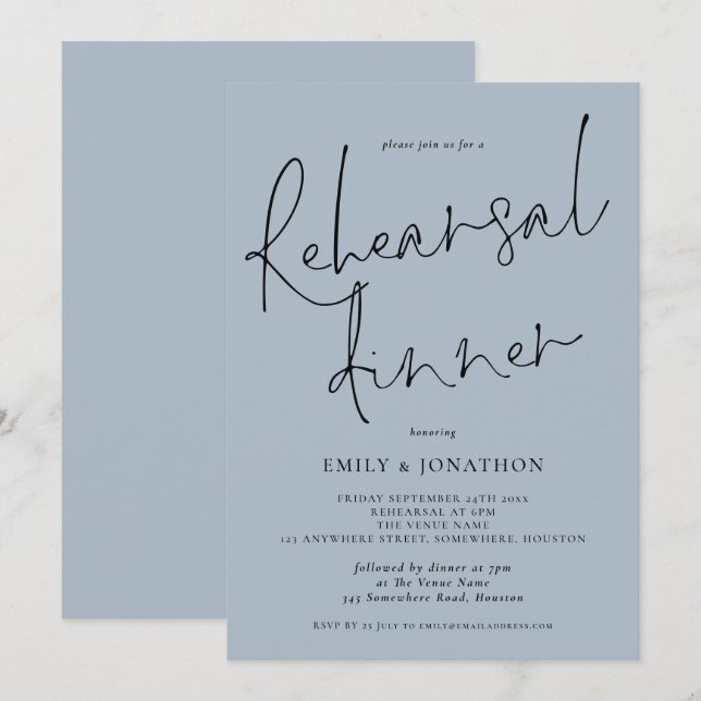 Elegant Script Wedding Rehearsal Dinner Dusty Blue Invitation (Front/Back)