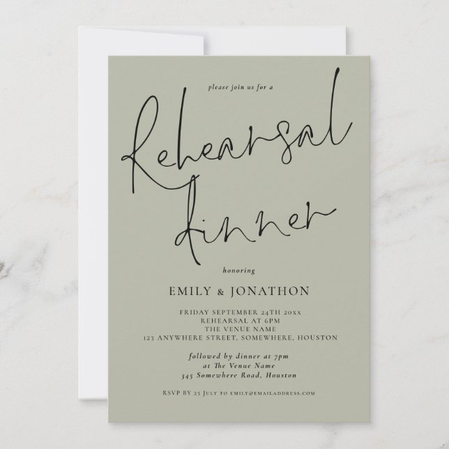 Elegant Script Wedding Rehearsal Dinner Light Sage Invitation (Front)
