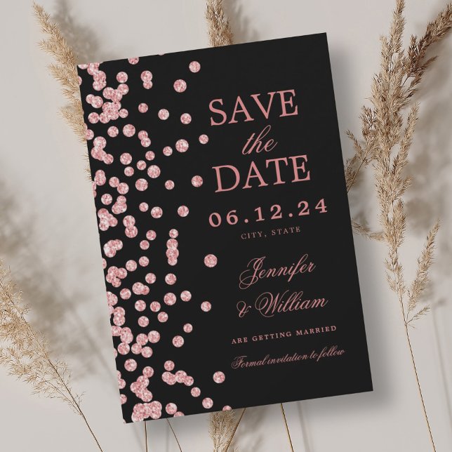 Elegant Script Wedding Rose Gold Confetti Black  Save The Date (Elegant Script Wedding Rose Gold Confetti Black Save The Date)