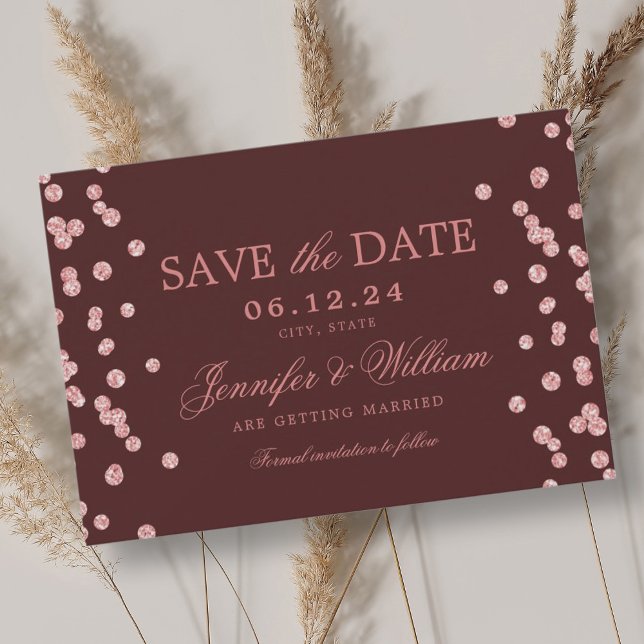 Elegant Script Wedding Rose Gold Confetti Burgundy Save The Date (Elegant Script Wedding Rose Gold Confetti Burgundy Save The Date)