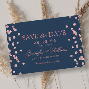 Elegant Script Wedding Rose Gold Confetti Navy  Save The Date