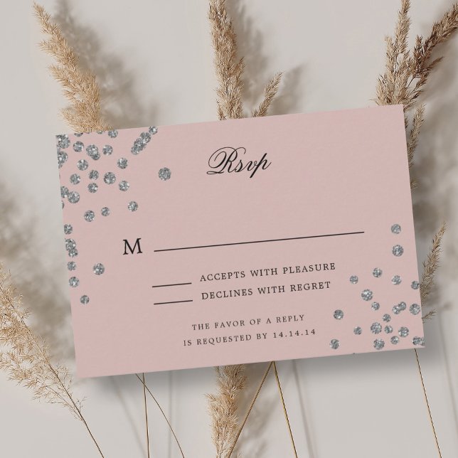 Elegant Script Wedding RSVP Silver Confetti Blush Card (Elegant Script Wedding RSVP Silver Confetti Blush)