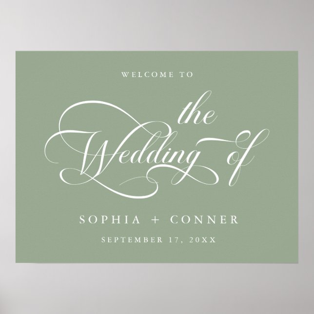 Elegant Script Wedding Sage Green Welcome Sign (Front)