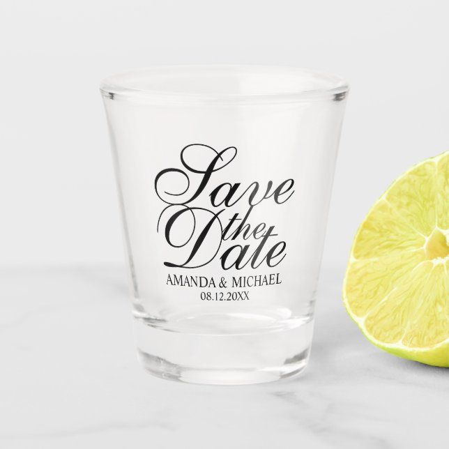 Elegant Script Wedding Save the Date Shot Glass (Front)