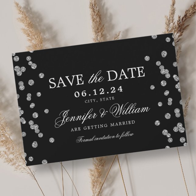 Elegant Script Wedding Silver Confetti Black  Save The Date (Elegant Script Wedding Silver Confetti Black Save The Date)