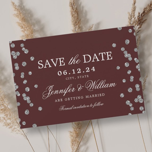 Elegant Script Wedding Silver Confetti Burgundy  Save The Date (Elegant Script Wedding Silver Confetti Burgundy Save The Date)