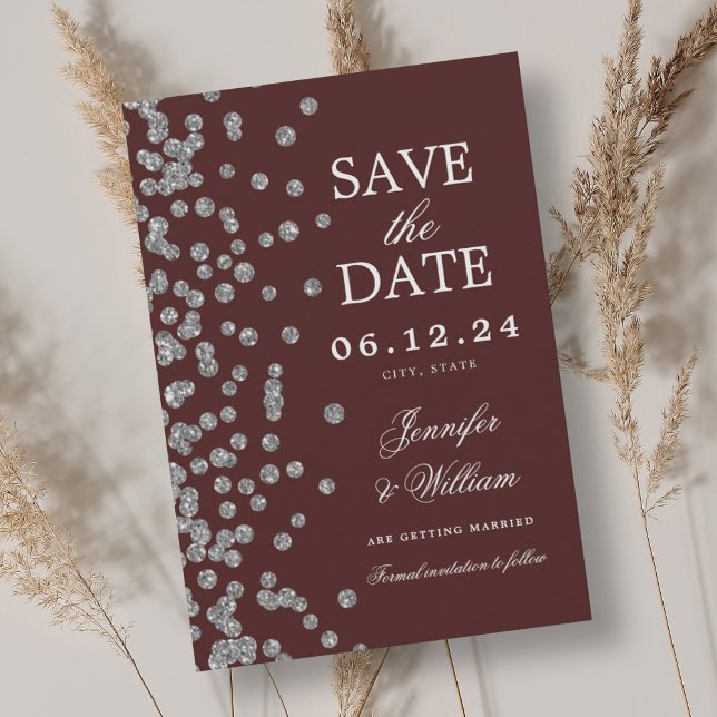 Elegant Script Wedding Silver Confetti Burgundy  Save The Date (Elegant Script Wedding Silver Confetti Burgundy Save The Date)