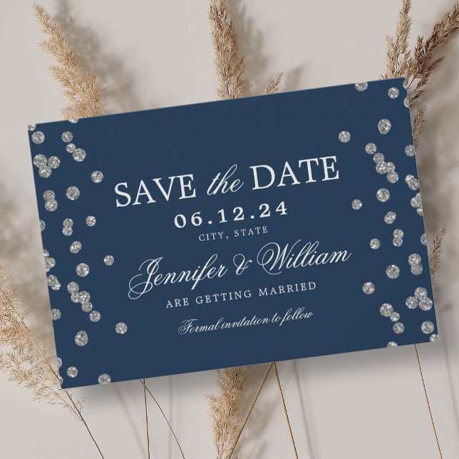 Elegant Script Wedding Silver Confetti Navy  Save The Date (Elegant Script Wedding Silver Confetti Navy Save The Date)