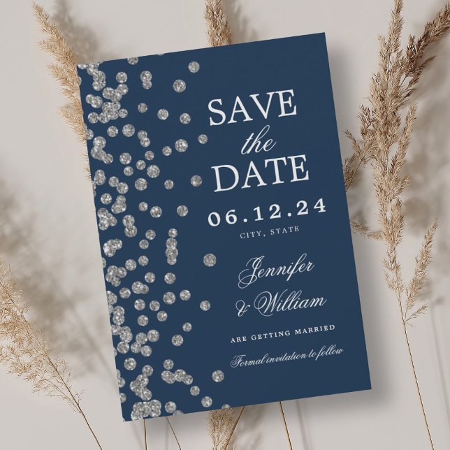 Elegant Script Wedding Silver Confetti Navy  Save The Date (Elegant Script Wedding Silver Confetti Navy Save The Date)