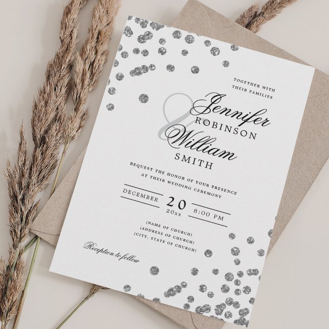 Elegant Script Wedding Silver Confetti QR RSVP Invitation (Elegant Script Wedding Silver Confetti QR RSVP Invitation)