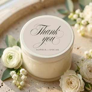 Elegant Script Wedding Thank You Beige Classic Round Sticker
