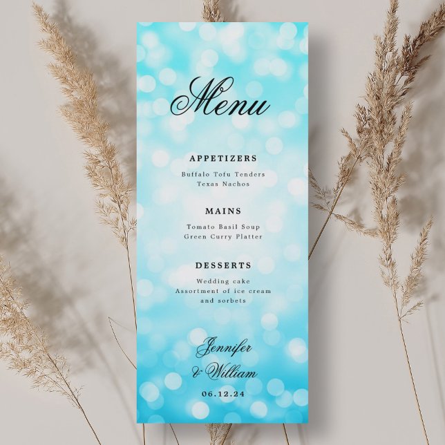 Elegant Script Wedding Turquoise Bokeh Lights Menu (Elegant Script Wedding Turquoise Bokeh Lights Menu)