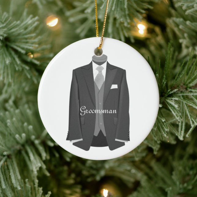 Elegant Script Wedding Tuxedo Suit Groomsman  Ceramic Ornament (Tree)