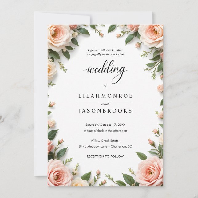 Elegant Script Wedding with Blush Floral Border Invitation (Front)