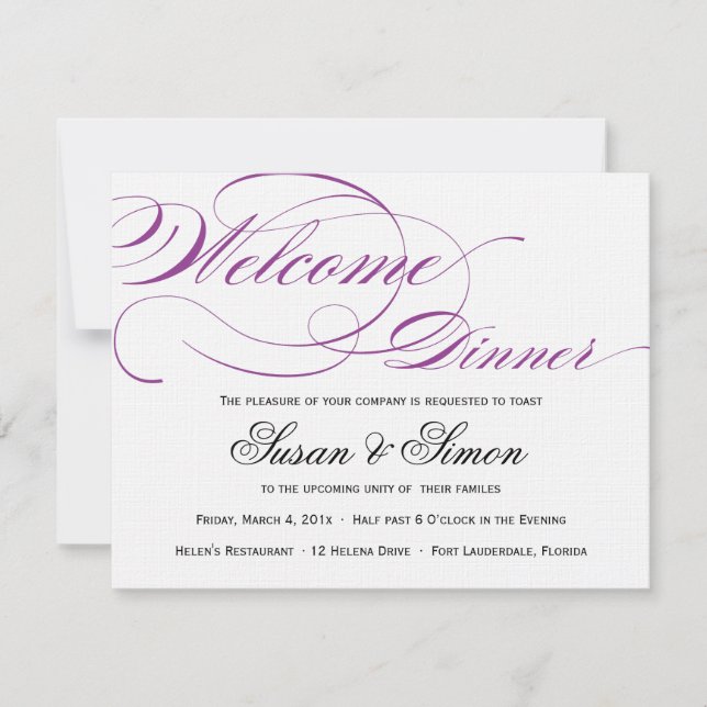 Elegant Script Welcome Dinner Invitation Purple (Front)