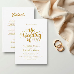 Elegant Script White And Gold Modern Wedding Invitation