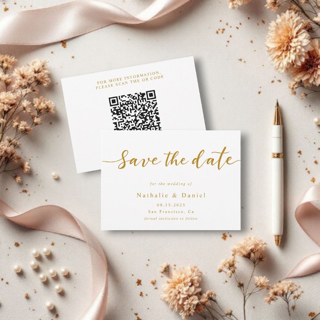 Elegant Script White And Gold QR Code Wedding Save The Date (Creator Uploaded)