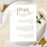 Elegant Script, White and Gold Wedding Menu<br><div class="desc">Attractive white and gold Menu with modern hand written calligraphy details and use of block typography. Elegant, clean and simple contemporary look. Ability to add your own menu details. If needed, you can adjust text space, size or style by selecting customize further. Back with stylish sleek stripes, menu in hand...</div>