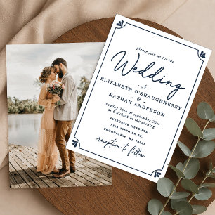 Elegant Script White & Blue Photo Wedding Invitation