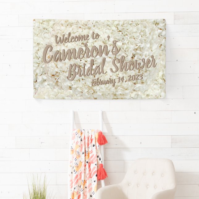Elegant Script White Floral Bridal Shower Backdrop Banner (Insitu)