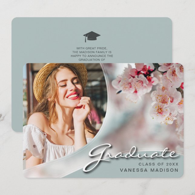 Elegant Script White Flowers | Modern Photo Grad Announcement (Front/Back)