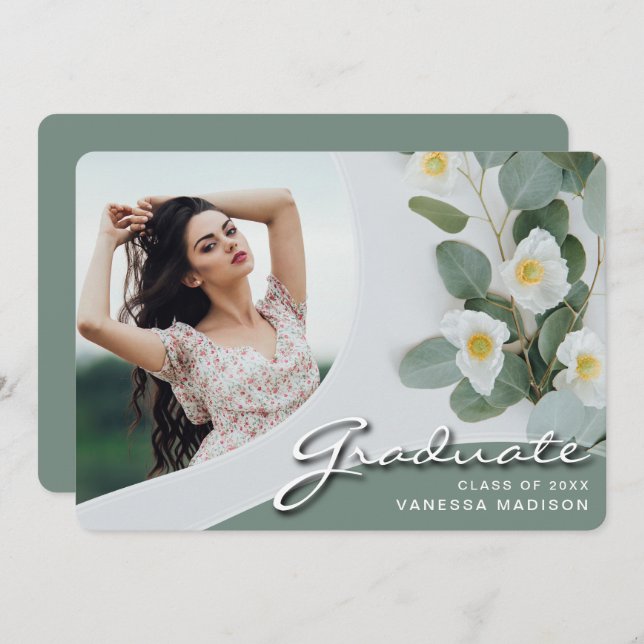 Elegant Script White Flowers | Modern Photo Grad Announcement (Front/Back)