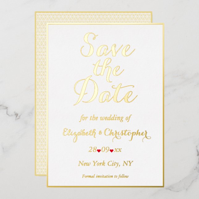 Elegant Script White Gold Wedding Save the Date (Front/Back)
