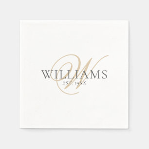 Elegant Script White Grey Gold Monogram  Napkin
