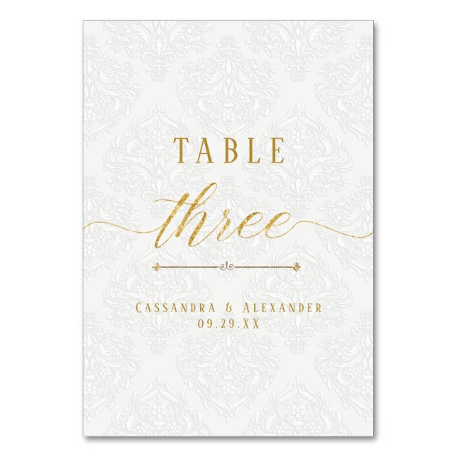 Elegant Script White Lace Gold 3 Three Wedding Table Number (Front)