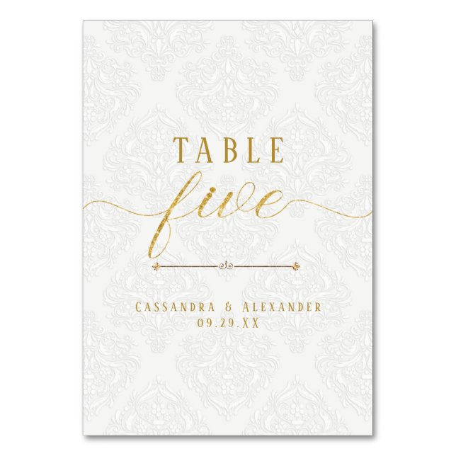 Elegant Script White Lace Gold 5 Five Wedding Table Number (Front)