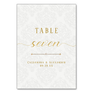 Elegant Script White Lace Gold 7 Seven Wedding Table Number