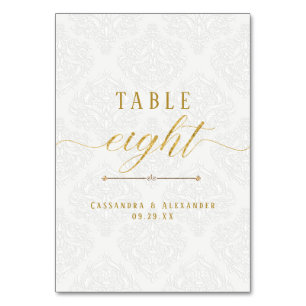 Elegant Script White Lace Gold 8 Eight Wedding Table Number