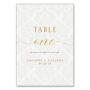 Elegant Script White Lace Gold Glitter Wedding 1 Table Number