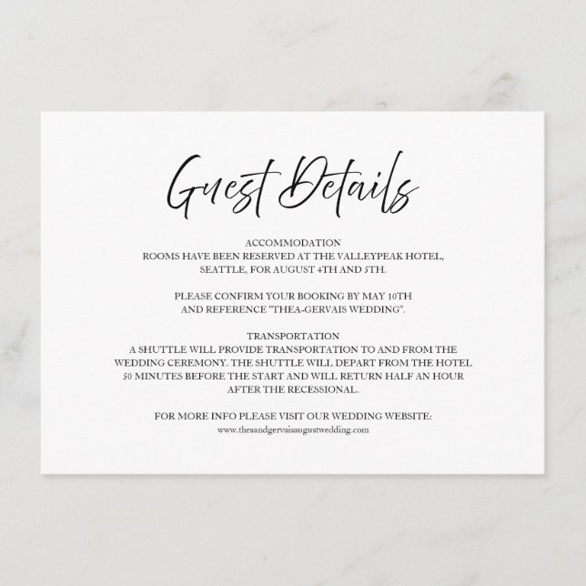 Elegant Script White Minimal Wedding Guest Details Enclosure Card (Front)